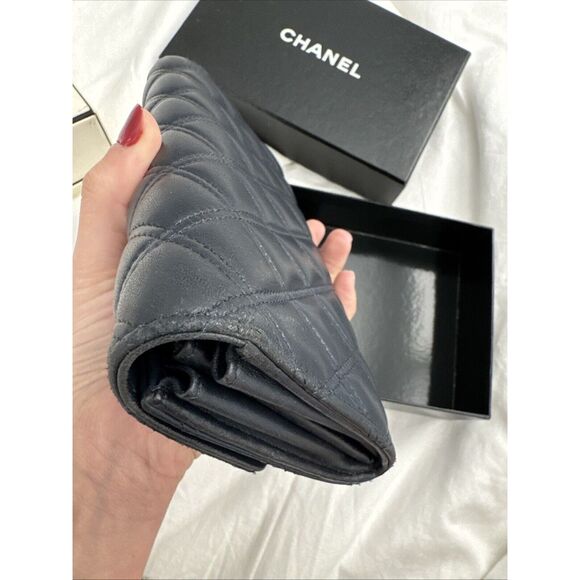 CHANEL Logo Navy Silver Toe Double Stitch Long Wallet W/box - Picture 10 of 16